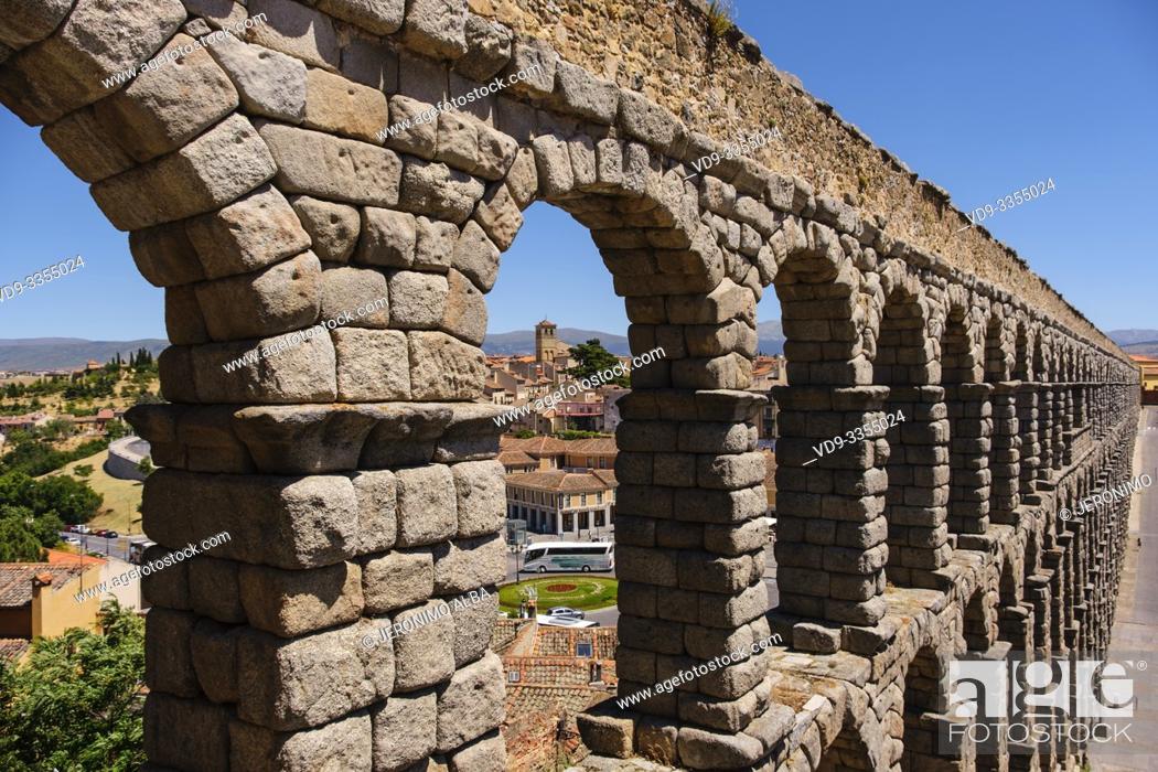 Stock Photo: Ancient roman aqueduct, UNESCO World Heritage Site. Segovia city. Castilla León, Spain Europe.