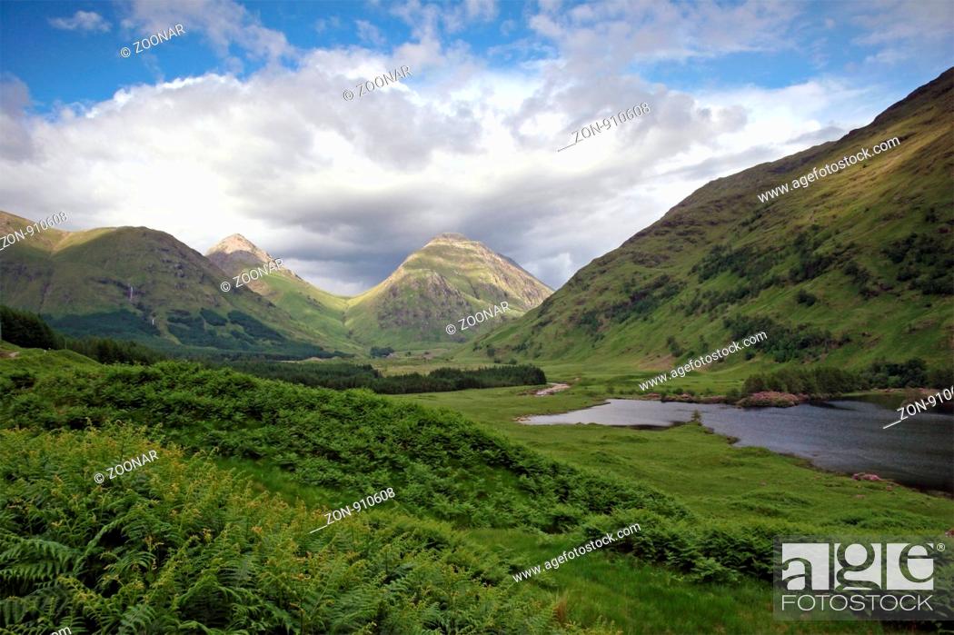 Stock Photo: Looking North East up Glen Etive to Buachaille Etive Mor and Buachaille Etive Beag.