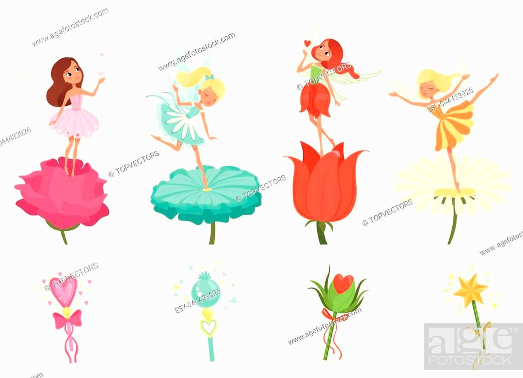 Set of little fairies hovering over beautiful flowers. Cartoon girls  characters dressed in colorful..., Stock Vector, Vector And Low Budget  Royalty Free Image. Pic. ESY-044433926 | agefotostock