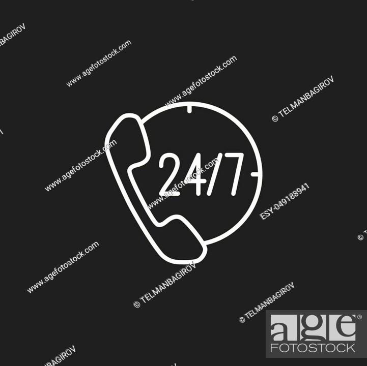Stock Vector: 24, 7 call center support vector icon thin line.