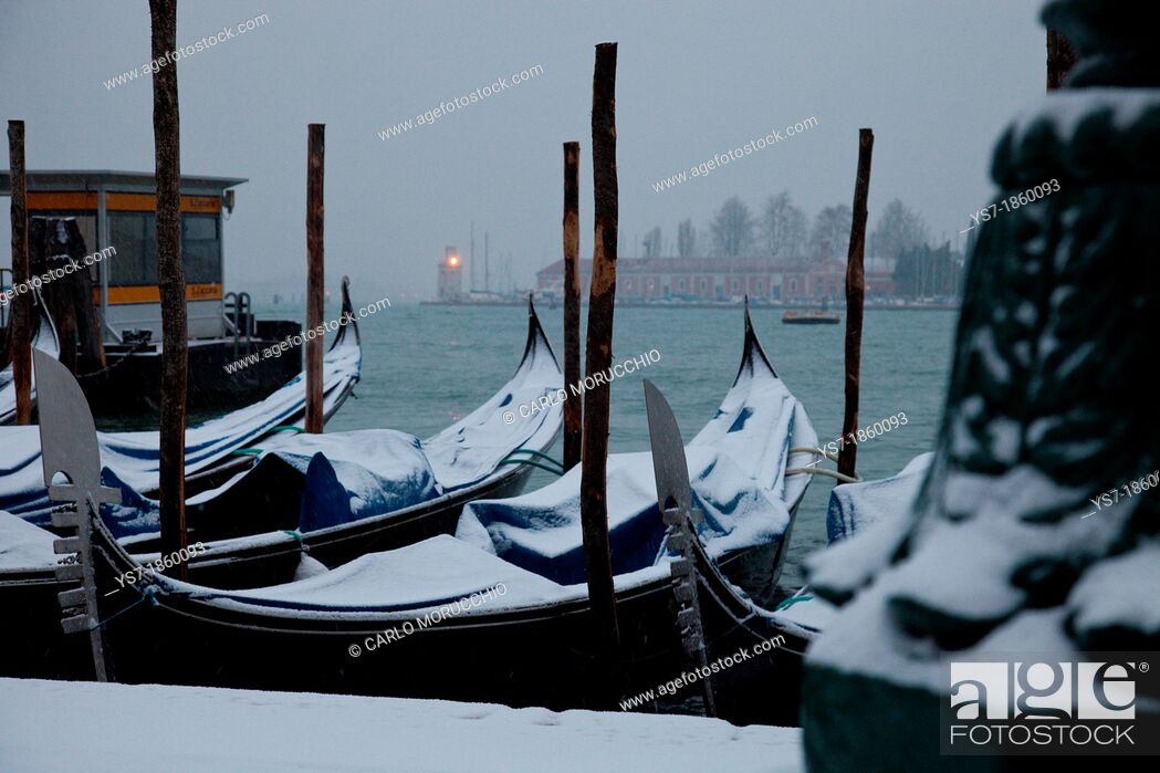 Stock Photo: Moored gondolas covered with snow, St  Mark's basin, Venice, Italy, Europe.