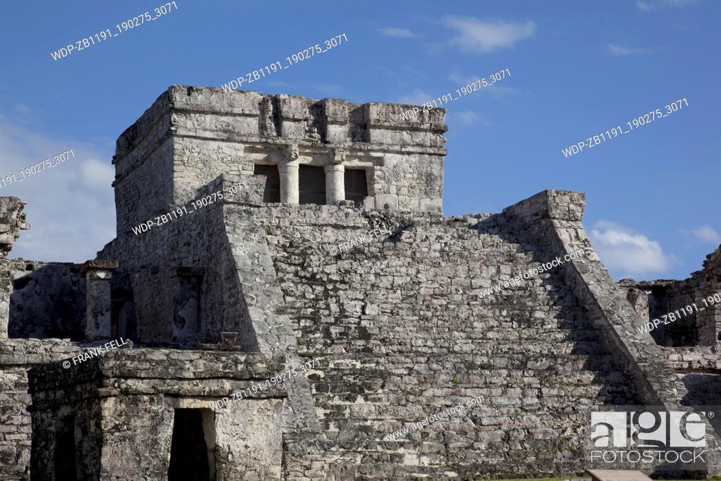 Stock Photo: Mexico; Quintana Roo; Tulum; Mayan Ruins, El Castillo Temple.