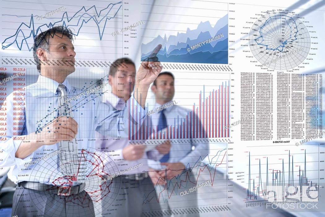 Stock Photo: Businessmen discussing graphs and charts seen through screen.