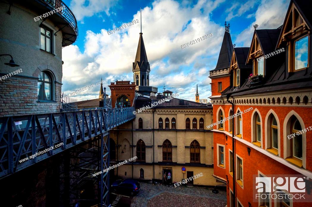 Stock Photo: View of buildings along Bellmansgatan from an elevated walkway in Södermalm, Stockholm, Sweden.