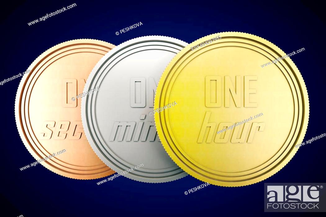 Stock Photo: Time is money concept with time coins in gold, silver and copper isolated on dark blue background. 3D Rendering.