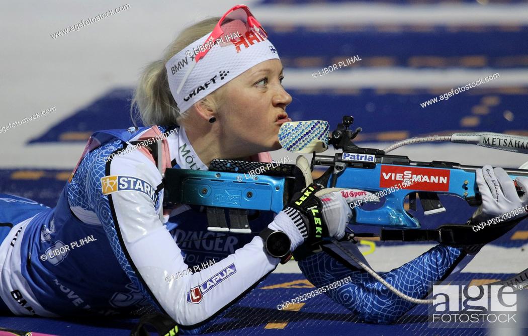 Stock Photo: Kaisa Makarainen of Finland competes during the women's 7.5km sprint race at the World Biathlon Cup in Nove Mesto na Morave, Czech Republic, March 5, 2020.