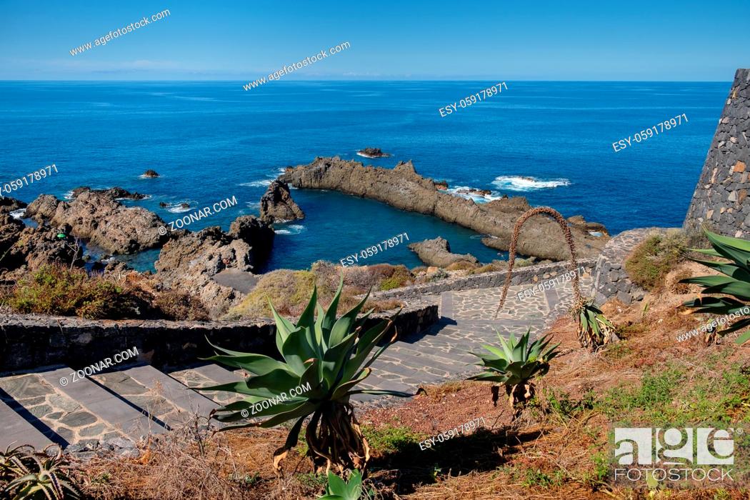 Stock Photo: natural ocean swimming pools on Tenerife island. outdoor shot in Spain. copy space.