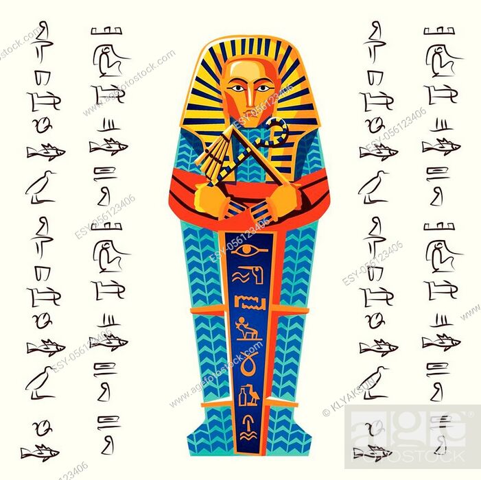 Stock Vector: Ancient Egypt vector cartoon illustration. Egyptian culture symbol, golden or stone pharaoh sarcophagus with hieroglyphs, part of religious cult of dead.
