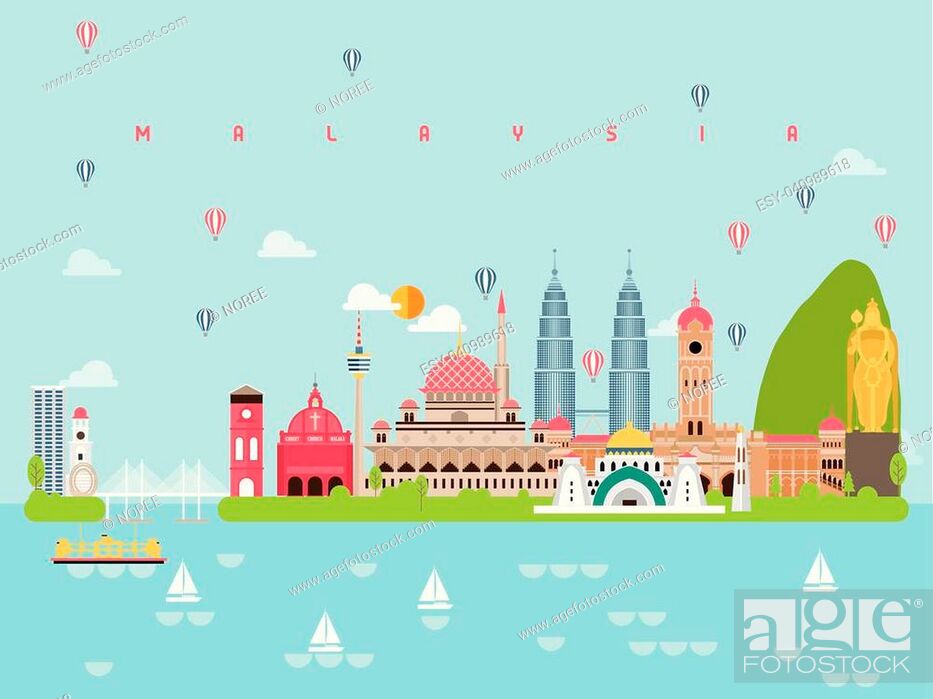 Stock Vector: Malaysia Famous Landmarks Infographic Templates for Traveling Minimal Style and Icon, Symbol Set Vector Illustration Can be use for Poster Travel book, Postcard.