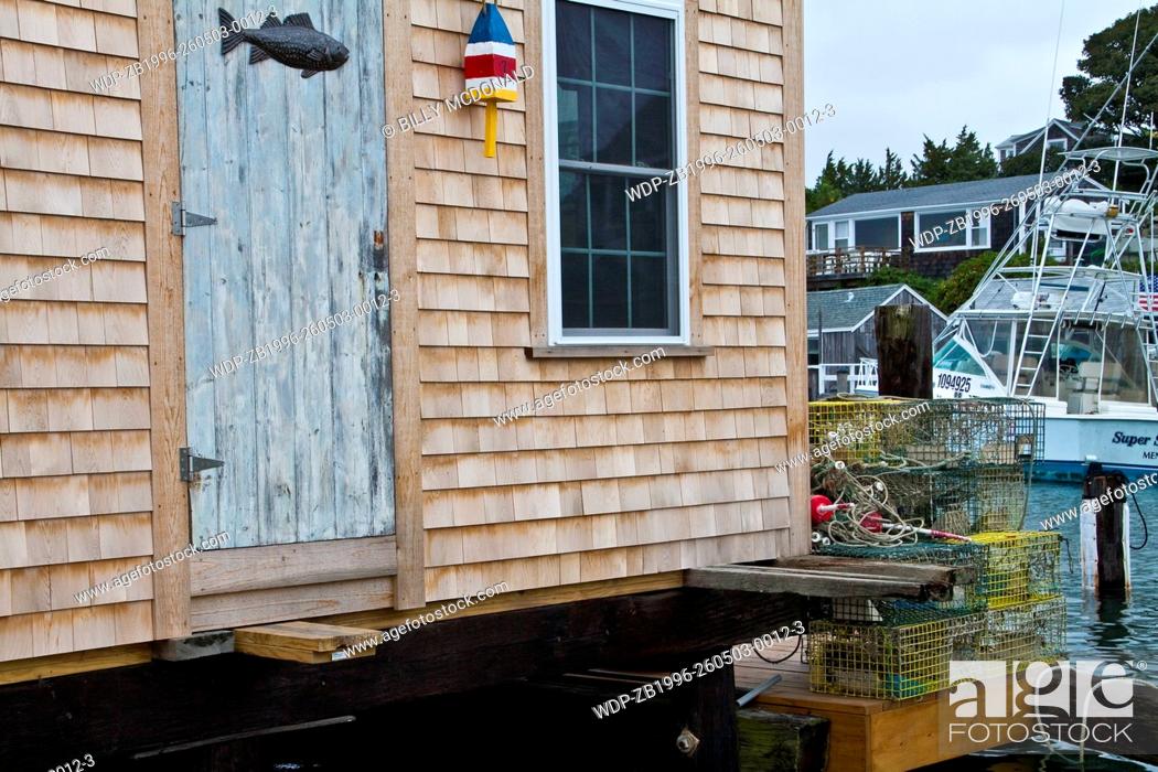 Stock Photo: Fishing Cottages and Boats on Menemsha's Harbor, Chilmark, Massachussets, USA.