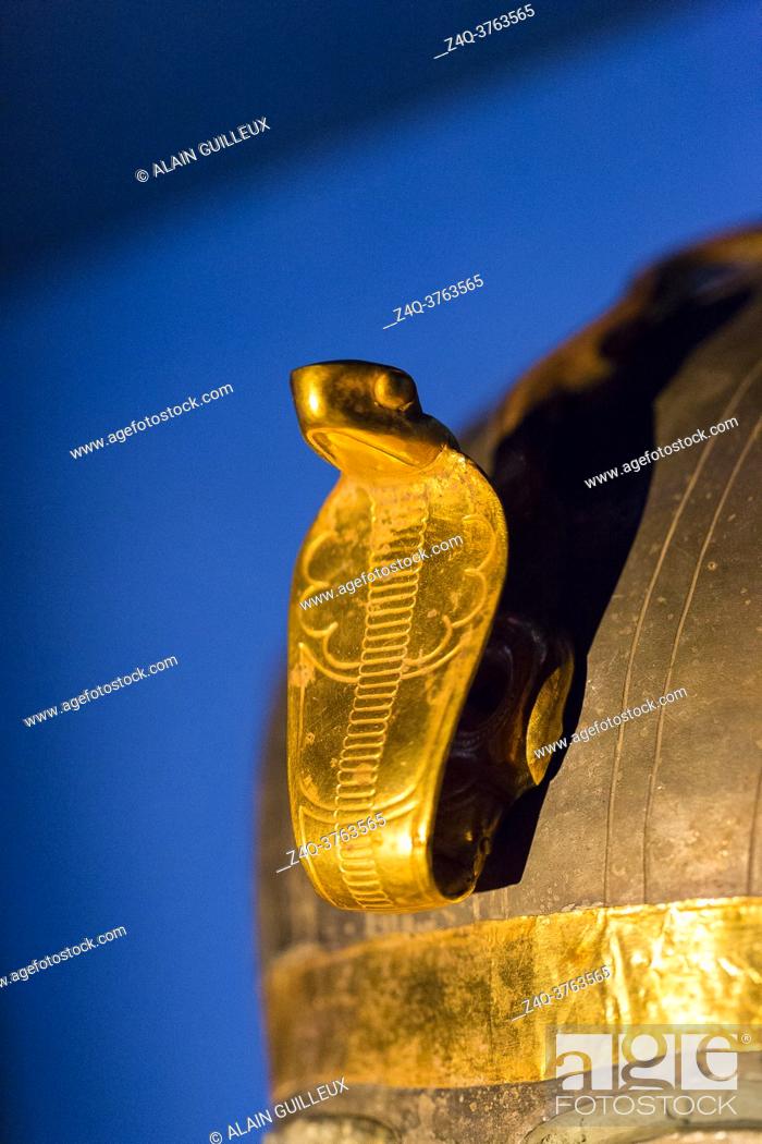 Stock Photo: Egypt, Cairo, Egyptian Museum, coffin found in the royal necropolis of Tanis, burial of the king Psusennes I . Silver, gold and glass. The uraeus.