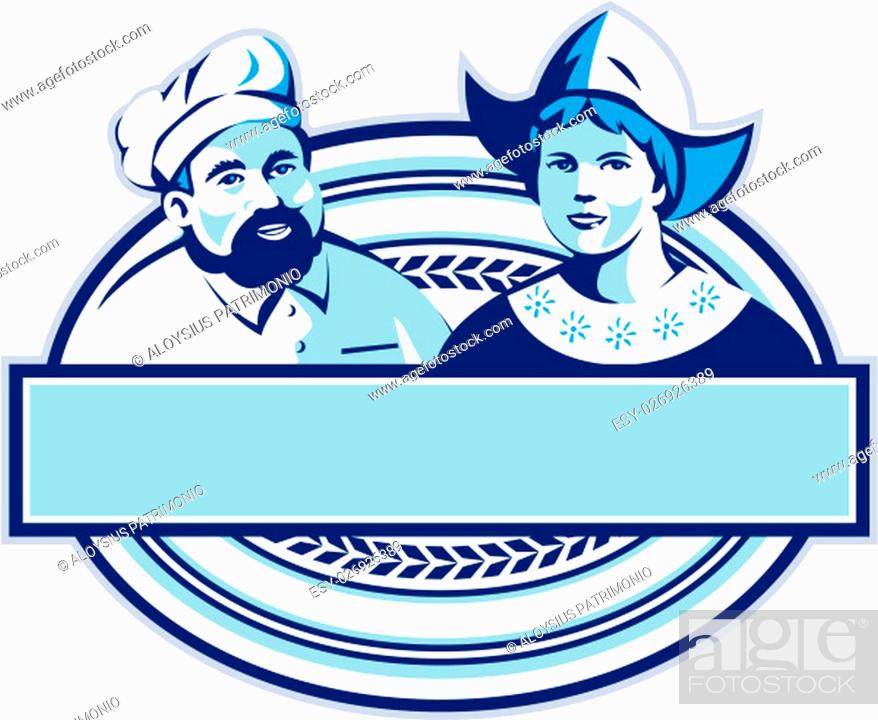 Stock Photo: Illustration of a baker and Dutch lady wearing traditional dutch cap or dutch bonnet that resemble a nurse's hat set inside oval shape with banner done in retro.