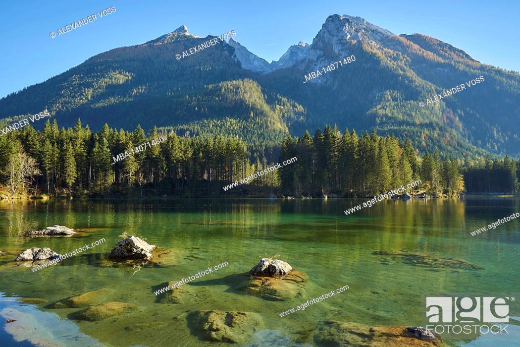 Stock Photo: europe, germany, bavaria, berchtesgaden, berchtesgadener land, national park, mountains, forest, nature autumn, hintersee, lake, magic forest, rocks.