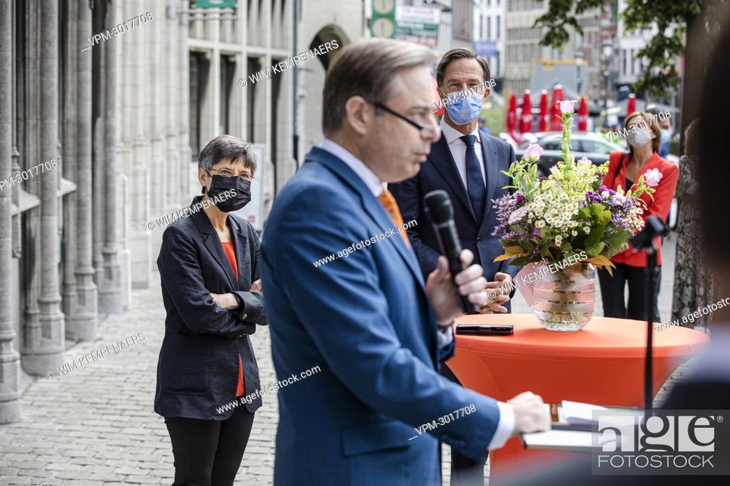 Stock Photo: (L-R) Antwerp province governor Cathy Berx, Antwerp Mayor Bart De Wever and Prime Minister of the Netherlands Mark Rutte pictured at the opening of a new office.