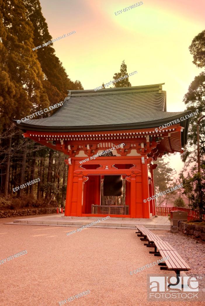 Stock Photo: Happiness bell ""????"" (kaiun no kane) in the morning light of Enryaku Temple on Mount Hiei near Kyoto, Japan.