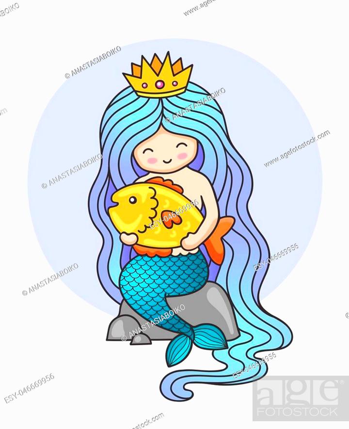 Cute little princess mermaid, sitting on a rock, holding big golden fish,  Stock Vector, Vector And Low Budget Royalty Free Image. Pic. ESY-046669956  | agefotostock