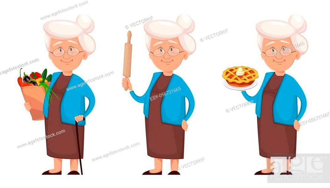 Grandmother, set of three poses. Cute cartoon character grandma with  vegetables, Stock Vector, Vector And Low Budget Royalty Free Image. Pic.  ESY-056731665 | agefotostock
