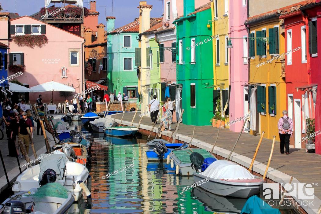 Stock Photo: Colourful houses along island canal, Burano, Venice, Veneto, Italy.