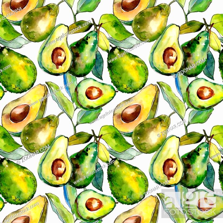 Stock Photo: Exotic green avocado wild fruit in a watercolor style pattern. Full name of the fruit: avocado. Aquarelle wild fruit for background, texture.
