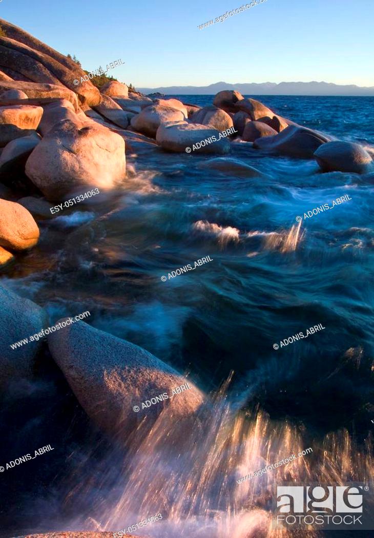 Stock Photo: Lake Tahoe is a large freshwater lake in the Sierra Nevada of the United States.