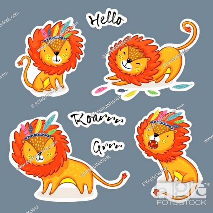 Stock Vector: Set of stickers with cute lions, king of the jungle. Vector illustration.