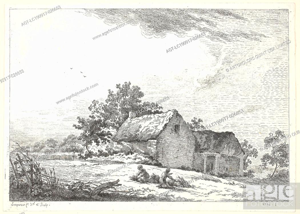 Stock Photo: Farm Scene with Boys Bundling Wood, 1755, Louis Simon Lempereur, French, 1728-1807, France, Etching on white paper, 183 × 258 mm.