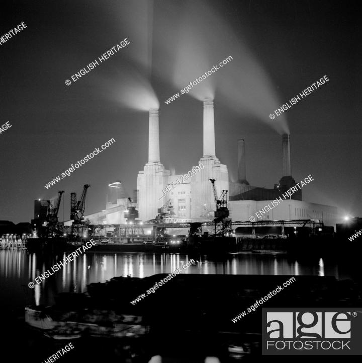 Stock Photo: Battersea Power Station, London, 1945-1980. View from the north bank of the Thames. It was designed in 1937 by Sir Giles Gilbert Scott (1880-1960) and was the.