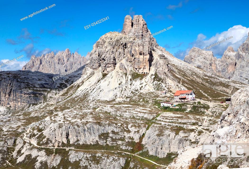 Stock Photo: ITALY, DOLOMITES - SEPTEMBER 22, 2014 - Landscape with a refuge in Dolomites mountains.