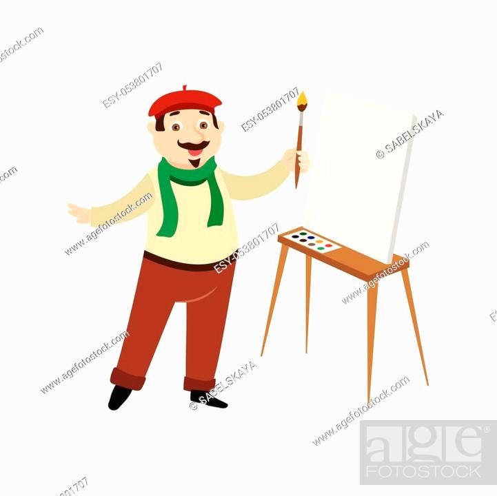 vector flat cartoon man artist painter wearing beret, scarf mustache  drawing on easel canvas, Stock Vector, Vector And Low Budget Royalty Free  Image. Pic. ESY-053801707 | agefotostock