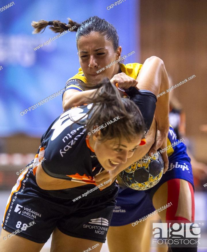 Stock Photo: L-R Dominika Zachova (Most) and Tiddara Cabezudo Trojaola (Gran Canaria) in action during the Women's EHF Champions League, qualification.