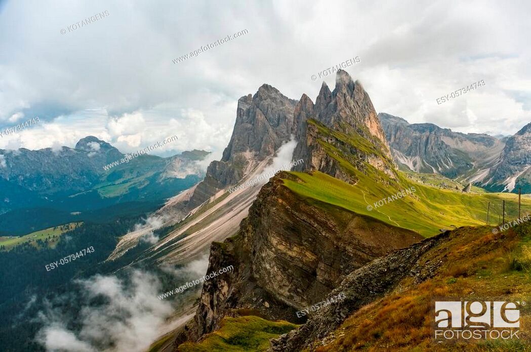 Stock Photo: Amazing view Dolomites mountains from Seceda over Odle Puez Italy.
