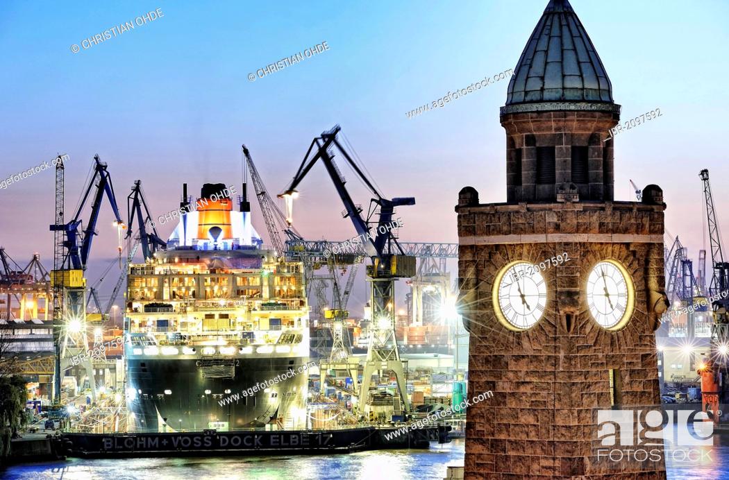 Stock Photo: Glasenturm tower of the St. Pauli piers with cruise liner Queen Mary 2 in the dry dock of Blohm & Voss shipyards at back, Hamburg, Germany, Europe.