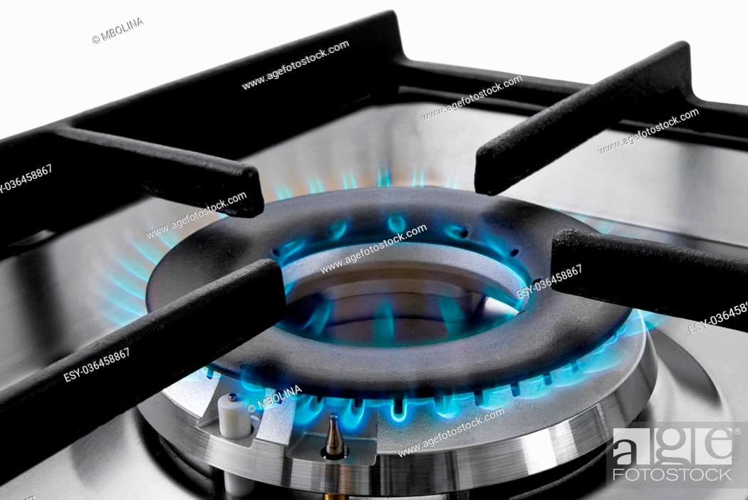 Stock Photo: Blue gas flames stove burner horizontal image.