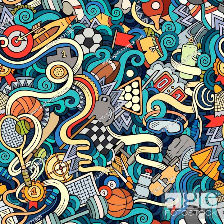 Cartoon cute doodles hand drawn Sport seamless pattern. Colorful detailed,  Stock Vector, Vector And Low Budget Royalty Free Image. Pic. ESY-043471809  | agefotostock