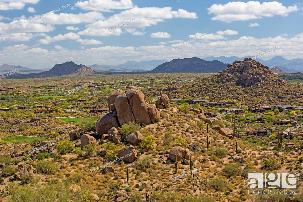 Stock Photo: New River Mesa with village, view from Pinnacle Peak, USA, Arizona, Phoenix.