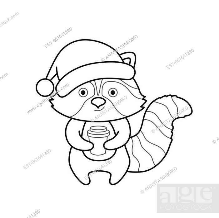 Raccoon in christmas hat holding coffee cup. Cute cartoon animal character,  Stock Vector, Vector And Low Budget Royalty Free Image. Pic. ESY-061641380  | agefotostock