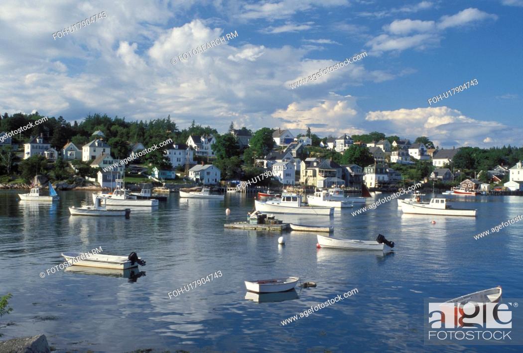 Stock Photo: Stonington, ME, Maine, Deer Isle, Lobster boats buoyed in the harbor of the lobstering village of Stonington on Deer Isle on the Atlantic Ocean.