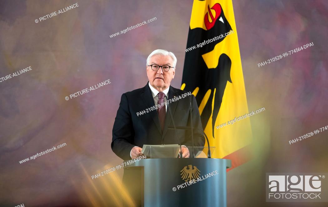 Stock Photo: dpatop - 28 May 2021, Berlin: Federal President Frank-Walter Steinmeier declares at Bellevue Palace that he is ready for a second term in office.