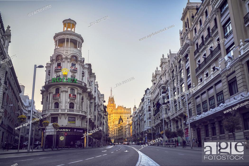 Stock Photo: Gran Via street at sunset. Madrid, Spain.