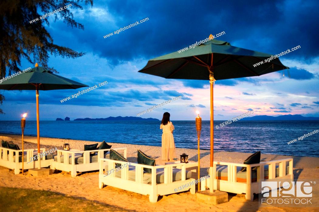 Stock Photo: Restaurant on the beach in Anantara Si Kao Resort & Spa, south of Krabi, Thailand. Located on the soft white sands of Changlang Beach.