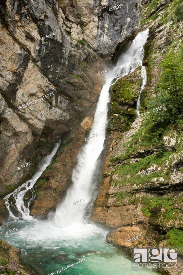 Stock Photo: View of mountain river waterfall, Slap Savica Waterfall, Sava Bohinjka, Sava River, Triglav N P , Julian Alps, Slovenia, june.
