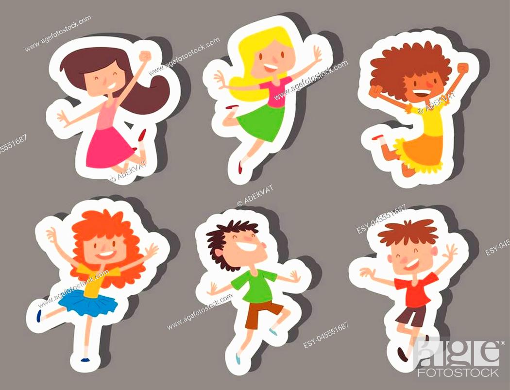 Happy children in different positions big vector jumping cheerful child  group and funny cartoon kids..., Stock Vector, Vector And Low Budget  Royalty Free Image. Pic. ESY-045551687 | agefotostock