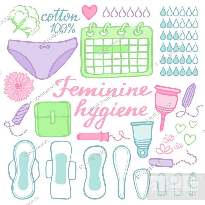 Feminine hygiene set. Hand-drawn cartoon collection of monthly period stuff  - sanitary napkin, Stock Vector, Vector And Low Budget Royalty Free Image.  Pic. ESY-040991235 | agefotostock