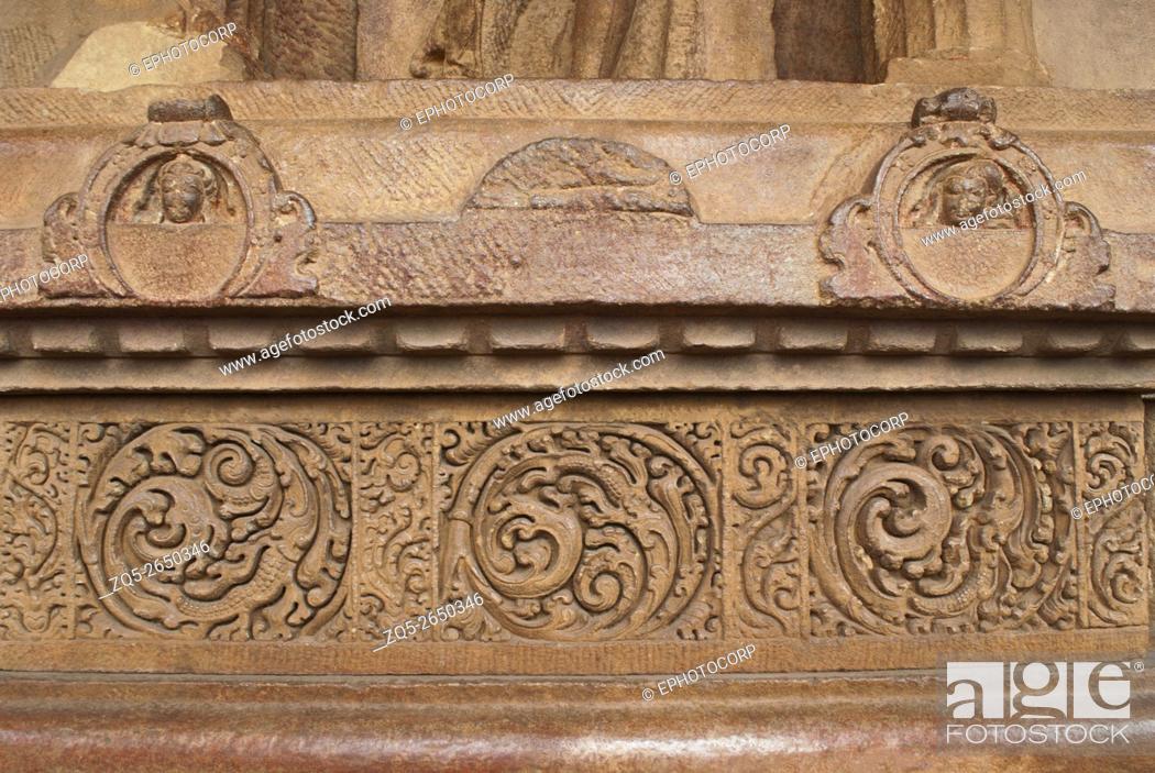 Stock Photo: Carvings on the plinth, Durga temple, Aihole, Bagalkot, Karnataka, India. The Galaganatha Group of temples.