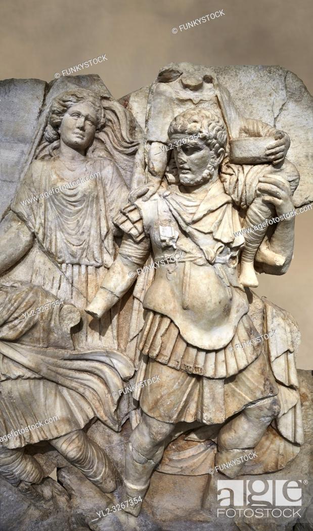 Stock Photo: Detail of a Roman Sebasteion relief sculpture of Aineasâ. . flight from Troy, Aphrodisias Museum, Aphrodisias, Turkey. .