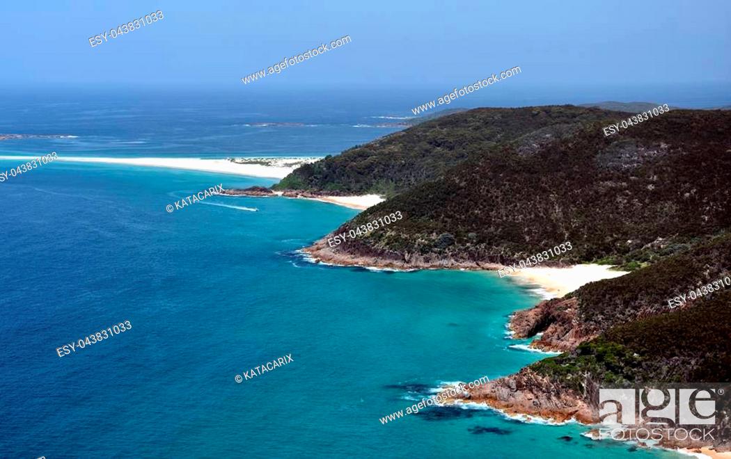 Stock Photo: Coastline of Shoal bay on a sunny day from Mount Tomaree Lookout (Central Coast, NSW, Australia).