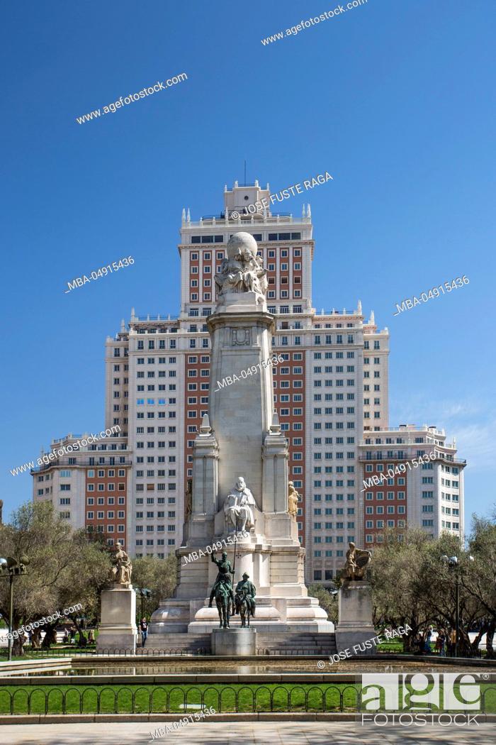 Stock Photo: Spain, Madrid City, España Square, Cervantes Monument (Don Quijote).