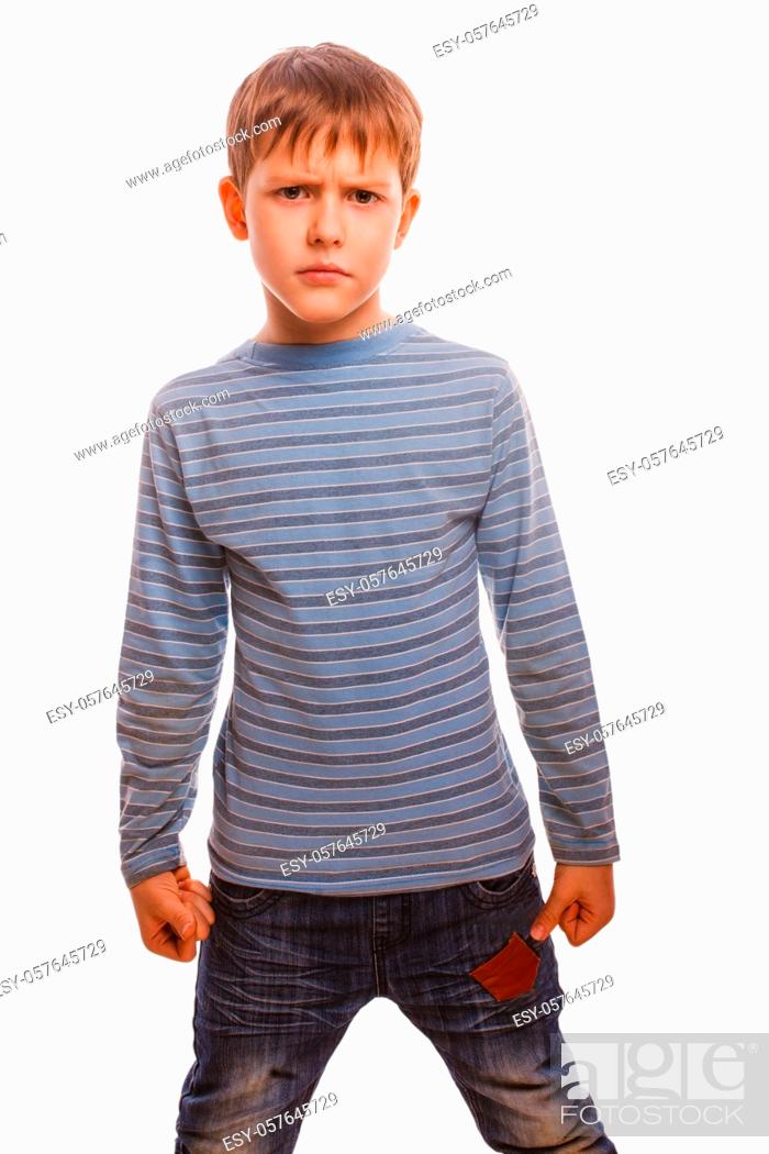 Stock Photo: agresivny child evil rastroennyh displeased blond boy in the striped sweater clenched his fists isolated on white background.