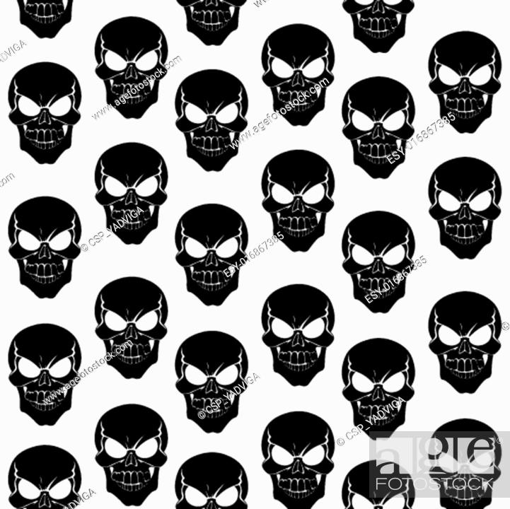 Stock Vector: Seamless pattern from black grinning skulls on white background.
