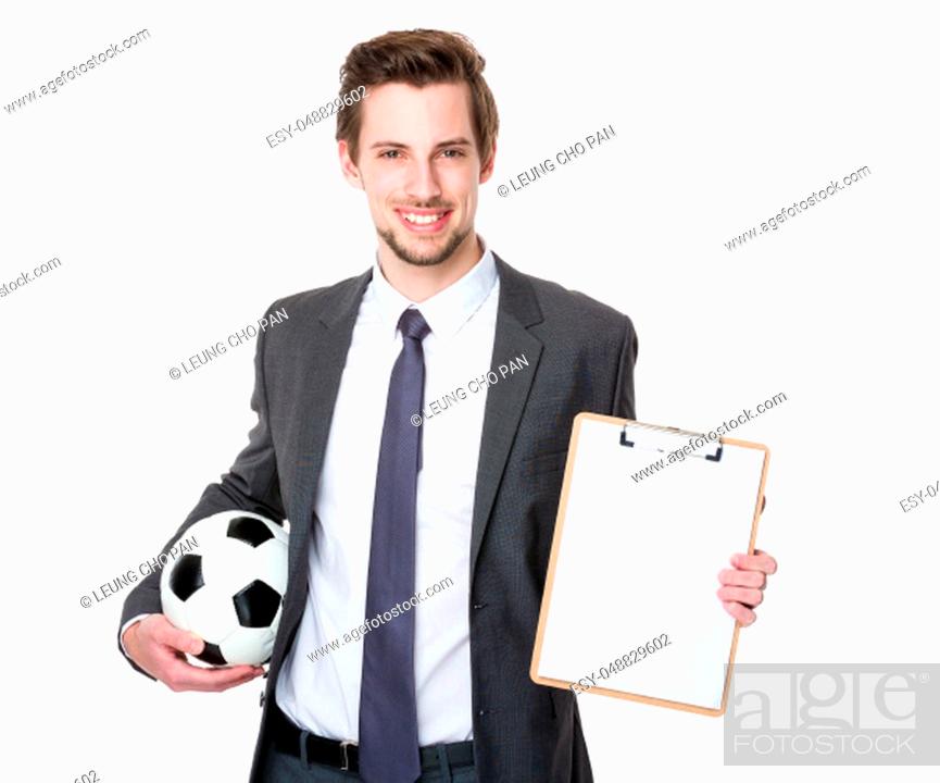 Photo de stock: Soccer couch hold with soccer ball and clipboard.